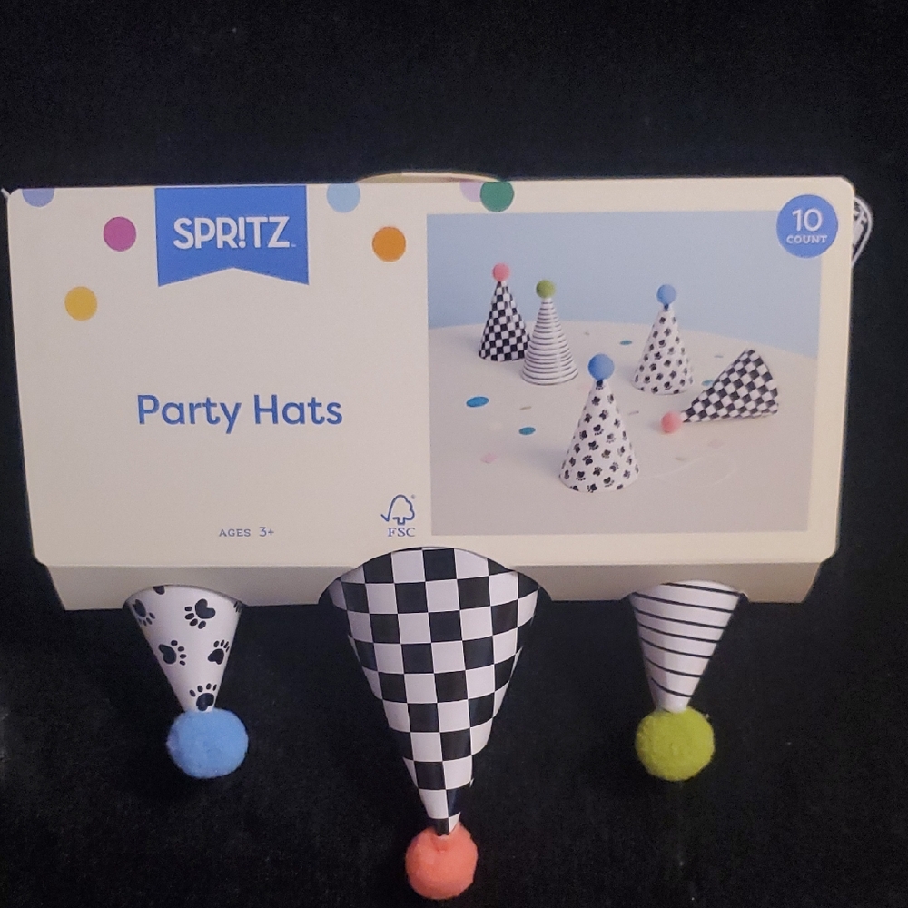 BNIB Spritz Black & White Pet Party Hats with Color Pom-Poms - 10 Count